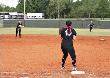  ?? Staff photo by Josh Richert ?? ■ Arkansas High shortstop Adison Wright, left, throws across to first baseman Alyssa Smith to end the second inning during the Lady Backs’ Senior Night game against Acorn on Monday at Lady Back Field. Arkansas High rallied from behind to win, 8-4.