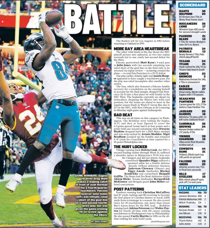  ?? AP; Getty Images ?? GAME WINNERS: Eagles receiver Greg Ward makes a leaping catch in front of Josh Norman for a fourth-quarter touchdown. Falcons receiver Julio Jones (left) was initially ruled short of the goal line on a last-second fourthdown play, but was given the game-winning TD on review against the 49ers.