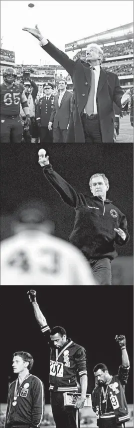  ?? AP (TRUMP AND BUSH), GETTY (SMITH AND CARLOS) PHOTOS ?? Top: Donald Trump throws the opening coin toss in 2018 at the Army-Navy game. Middle: GeorgeW. Bush throws the ceremonial first pitch of the 2001World Series. Bottom: Lyndon B.Johnson did not invite Tommie Smith, center, and John Carlos to the White House.