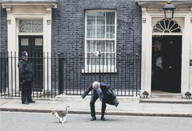  ??  ?? 0 Kazuo Okamoto, chief executive of Mitsubishi Heavy Industries Europe, attempts to stroke Larry the Downing Street cat ahead of a meeting with Theresa May