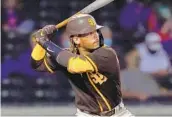  ?? ASHLEY LANDIS AP ?? Padres catcher Luis Campusano can hit at big-league level, but hasn’t caught in a game above Single-a.