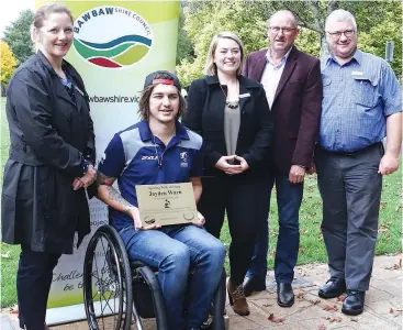  ??  ?? Paralympic gold medallist Jayden Warn OAM was inducted into the Baw Baw Shire Sporting Walk of Fame on Sunday with (from left) deputy mayor Mikaela Power, Cr Jessica O’Donnell, Member for Narracan gary Blackwood and Cr Keith Cook at the ceremony.