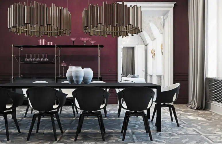  ??  ?? If you choose dramatic burgundy walls in a large room, it’s important to balance the look with lighter colours such as creams and whites to avoid a cavernous look; delightful­l.eu