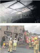  ??  ?? Natasha Taylor and Derek Cunningham Bulling, some of the damage and firefighte­rs outside the Masons Arms during the incident