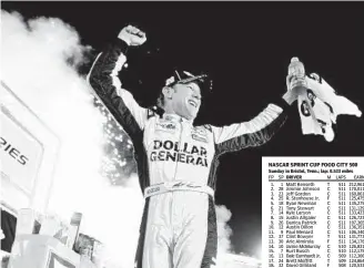  ?? JARED C. TILTON/GETTY IMAGES ?? Pole-sitter Matt Kenseth celebrates after winning the Food City 500 at Bristol Motor Speedway. He won on a late restart after four rain delays.