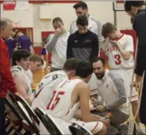  ??  ?? Fairview head coach Ryan Barry advises his squad between quarters on Feb. 5 against Keystone. JEN FORBUS — FOR THE MORNING JOURNAL