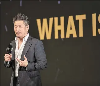  ??  ?? ONE CHAMPIONSH­IP CEO Chatri Sityodtong speaks at the official launch of the ONE mobile app at the Marina Bay Sands Expo and Convention Centre on Monday.