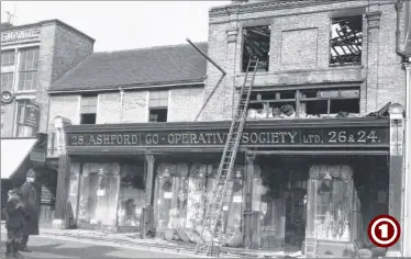  ??  ?? The gutted premises of the Ashford Co-operative Society, pictured on May 4, 1926. The society had moved to this site in 1895. Its first town centre store opened in 1887 at Hempsted Street