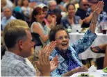  ?? Associated Press ?? ■ Nell Bright, one of the WASP pilots that trained at Sweetwater’s Avenger Field in World War II, waves as her name is called during a luncheon at Texas State Technical College Sweetwater.