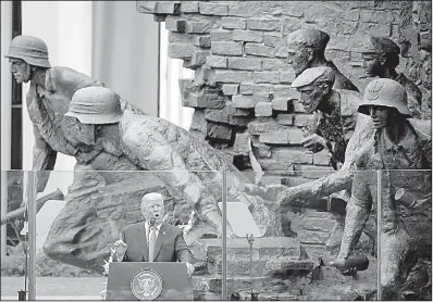  ?? AP/ALIK KEPLICZ ?? U.S. President Donald Trump speaks Thursday in Warsaw’s Krasinski Square, backdroppe­d by the monument to the 1944 Warsaw Uprising against the Nazis. On the eve of his first meeting with Vladimir Putin, Trump urged Russia “to join the community of...