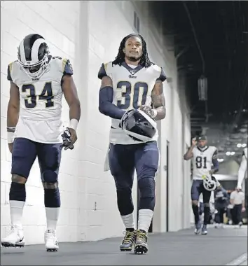  ?? Wally Skalij Los Angeles Times ?? TODD GURLEY (30) looked like the 2017 Todd Gurley for three quarters against the Pittsburgh Steelers on Sunday, then Malcolm Brown (34) got the carries. “Great game, but just gotta finish,” Gurley said.