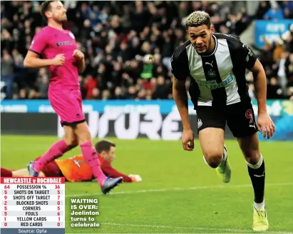  ?? Picture: LEE SMITH ?? WAITING IS OVER: Joelinton turns to celebrate