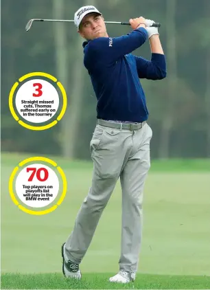  ?? AFP ?? Justin Thomas of the United States plays a shot on the 13th hole during round three of the Dell Technologi­es Championsh­ip at TPC Boston in Norton, Massachuse­tts. —