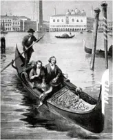  ??  ?? Robert and Elizabeth Browning with their son on a trip in a gondola through the Grand Canal, Venice