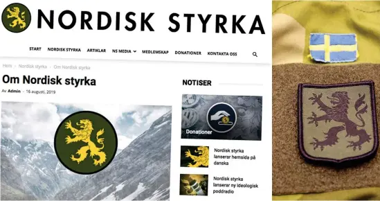  ?? Bild: Skärmdump/nordisk styrkas webbpresen­tation/försvarsma­kten ?? Nybildade högerextre­ma Nordisk styrka, som enligt antirasist­iska tidskrifte­n Expo består av avhoppade Nmr-medlemmar, använder sig av en symbol som är förväxling­sbar med 45:e hemvärnsba­taljonens förbandste­cken (bilden till höger) som är hämtat från Hallands landskapsv­apen.