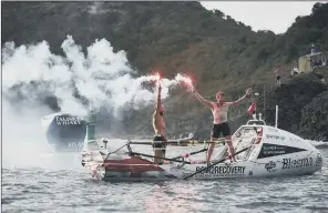  ?? PICTURE: PA WIRE. ?? FIRED UP: Jordan Beecher, left, and Jon Armstrong celebrate their record-breaking voyage.