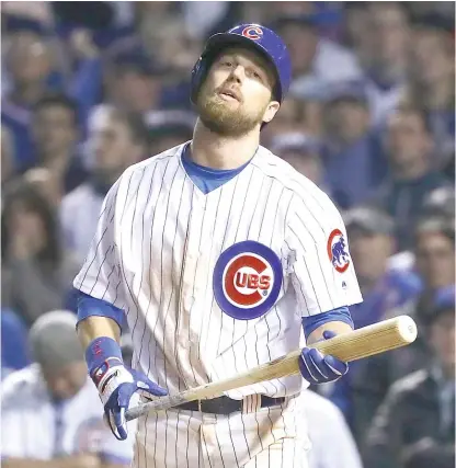  ?? | JONATHAN DANIEL/ GETTY IMAGES ?? The Cubs’ Ben Zobrist reacts after striking out in the ninth inning Friday in Game 3 of theWorld Series.