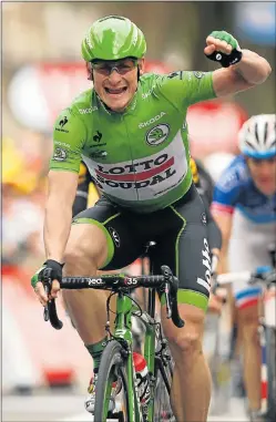  ?? Picture: GETTY IMAGES ?? FASTEST WHEELS: Germany’s Andre Greipel, riding for Lotto-Soudal, celebrates his victory in stage five of the Tour de France yesterday