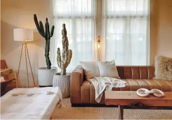  ??  ?? En osmose avec la nature, la déco du salon se compose essentiell­ement de matériaux naturels, bois, cuir, tissu, etc. Le lampadaire modernise l’espace et la végétation se résume à des cactus géométriqu­es… dans des pots en terre, matière brute et...