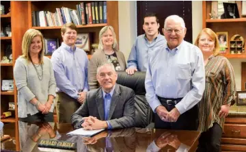  ?? SUBMITTED PHOTO ?? The Cargile Agency of Shelter Insurance includes Dei Bryant, from left, Andy Sills, Richard Cargile (seated), Rhonda Roberts, Andrew Cargile, Bob Cargile and Deborah McFarlin.