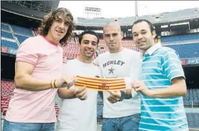  ?? FOTO: FCB ?? Póquer de capitanes de la ‘pedrera’ Con Puyol, Xavi y Valdés, desde la 2008-09