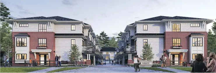  ??  ?? An artist’s rendering of Fairways, a planned community which comprises 22 townhomes in four buildings backing on to Peace Portal Golf Course in Surrey.