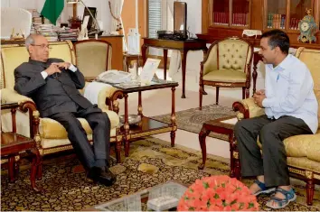  ?? — PTI ?? Delhi chief minister Arvind Kejriwal discusses the issue of missing JNU student Najeeb Ahmed with President Pranab Mukherjee in New Delhi on Sunday.