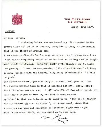  ??  ?? The letter from Sir Alan Lascelles, George VI’S Private Secretary, congratula­ting Dermot Morrah on Princess Elizabeth’s speech. The draft of the speech had been lost in a bar, as explained in the opening paragraph. ‘The ladies concerned’ are Queen...