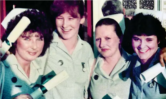  ??  ?? High hopes: Newly qualified nurses, from left, Debbie McGinty, Alison, Claire and Helen together after graduating in 1984