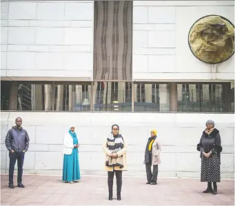  ?? ASHLEY FRASER ?? Members of the Justice for Abdirahman Coalition are pictured outside the courthouse on Sunday: from left, Billeh Hamud, Nimao Ali, Ifrah Yusuf, Farhia Ahmed and Dahabo Ahmed Omer.