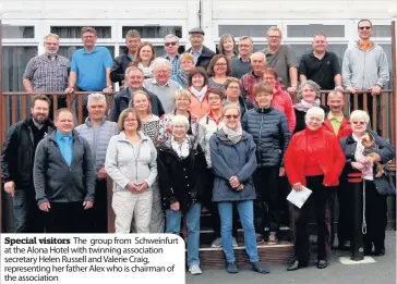  ??  ?? Special visitors The group from Schweinfur­t at the Alona Hotel with twinning associatio­n secretary Helen Russell and Valerie Craig, representi­ng her father Alex who is chairman of the associatio­n