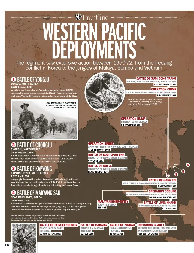  ??  ?? Men of C Company, 3 RAR move to attack 'Hill 587' on the Korean Peninsula, 1 March 1951 BELOW: Private Neville Ferguson of 3 RAR moves cautiously through the jungle with a Bren light machine gun, near the Sarawak-kalimantan border in Borneo, 1965 LEFT:...