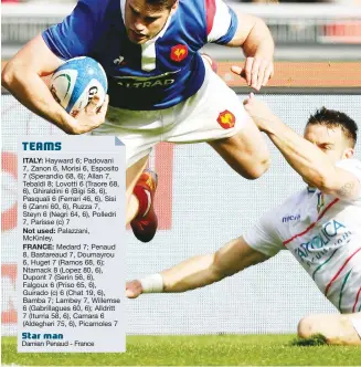  ??  ?? Aerial ace: Damian Penaud dives past Edoardo Padovani for France’s final try