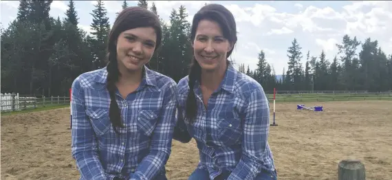  ??  ?? Heartland actor Alisha Newton with former Stampede trick rider-turned-stuntwoman Sally Bishop, who takes great pride in walking on the dangerous side in movies and on TV.