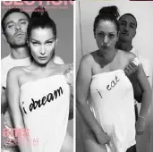  ??  ?? Celeste’s Instagram recreation­s, like the one parodying model Bella Hadid, left, have occasional­ly seen her call upon husband Api for visual assistance.