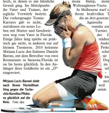  ?? Foto: dpa ?? Mirjana Lucic Baroni sinkt nach ihrem Viertelfin­al Sieg gegen die Tsche chin Karolina Plisko va glücklich auf die Knie.