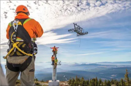  ?? Special to The Okanagan Weekend ?? Crews work on a new four-passenger, fixed-grip Leitner Poma ski lift to replace Canada’s oldest triple chairlift — the Powder Chair — at a cost of $3.9 million. The new lift at Big White Ski Resort will be ready to ride by the start of the 2018-19 winter season and will increase upload capacity to 2,400 passengers per hour. Below, Big White has invested $1.5 million to expand the skier tunnel on Hummingbir­d Run.