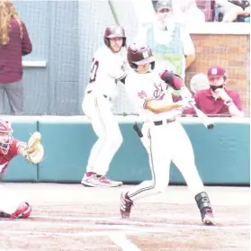  ??  ?? Kamren James hits a solo home run for Mississipp­i State in the third inning of Saturday’s game against Arkansas. (Photo by Craig Jackson, for Starkville Daily News)