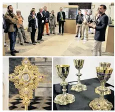  ??  ?? Une conférence chaque jour sur l’histoire de ce patrimoine religieux par Simon Guinebaud et Thibault Bruneau, dans la chapelle Sainte-Catherine. 2) Un des superbes ostensoirs présentés au public. 3) Sur la quarantain­e d’objets exposés, essentiell­ement...