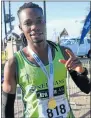  ?? Picture: SIBONGILE NGALWA ?? CHAMP: Real Gijimas marathon winner, Gift Chigomarar­wa, at the finish line in Mdantsane yesterday