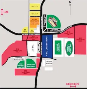  ?? COURTESY OF THE ALBUQUERQU­E ISOTOPES ?? Per the Albuquerqu­e Isotopes, this graphic details the parking plan for Saturday with both the Isotopes and the University of New Mexico football team in action. The Isotopes host El Paso for a noon game; the Lobo football team hosts rival New Mexico State beginning at 5 p.m.