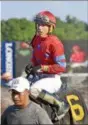  ?? STAN HUDY - SHUDY@ DIGITALFIR­STMEDIA.COM ?? Irad Ortiz Jr. aboard Meger of Banks, trained by Rudy Rodriguez heads to the winner’s circle for the fourth time Monday afternoon at Saratoga Race