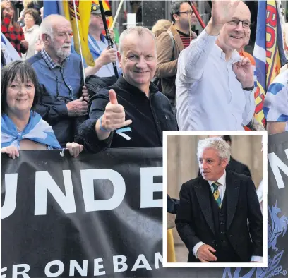  ??  ?? Thumbs up Pete Wishart MP, pictured at last week’s pro-independen­ce march in Perth, said he will not throw his hat into the ring to succeed John Bercow (inset) as speaker of the House of Commons