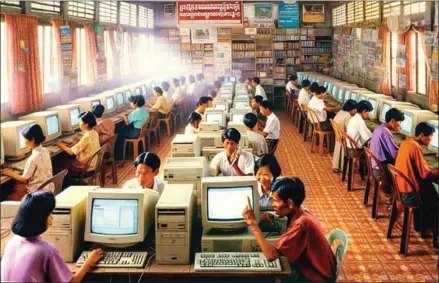  ?? AI ?? An AI generated picture shows an internet cafe during the early days of the computer age.