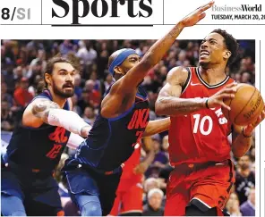  ??  ?? TORONTO RAPTORS guard DeMar DeRozan (#10) drives to the net against Oklahoma City Thunder forward Corey Brewer (#3) and center Steven Adams (#12) at the Air Canada Centre. Oklahoma City defeated Toronto.