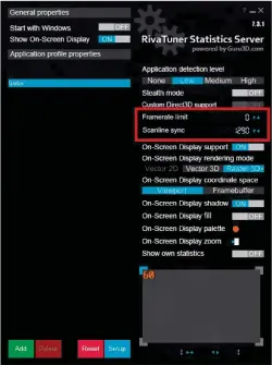  ??  ?? Zwei Einstellun­gen genügen, um Scanline Sync im RTSS zu aktivieren. Einer der Werte hängt aber von der Auflösung des Monitors ab und muss errechnet werden.