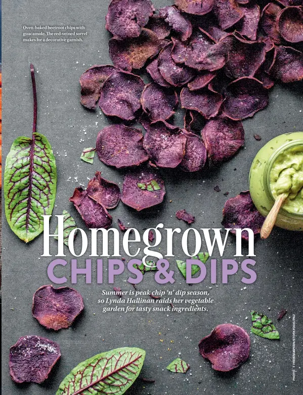  ??  ?? Oven-baked beetroot chips with guacamole. The red-veined sorrel makes for a decorative garnish.