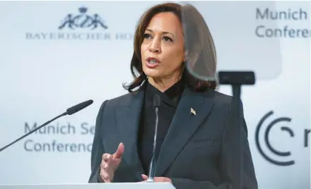  ?? JOHANNES SIMON/GETTY ?? Vice President Kamala Harris speaks Saturday at the Munich Security Conference in Germany.