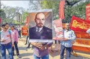  ?? PTI FILE ?? CPI(M) members carry out a protest against the demolition of a statue of Vladimir Lenin in Tripura.