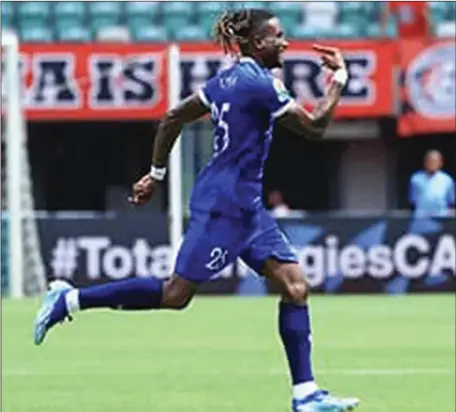  ?? ?? Rivers United's Austin Okejepha celebratin­g scoring the lone winner against USM Algers in the first leg of the CAF Confederat­ion Cup in Uyo... yesterday